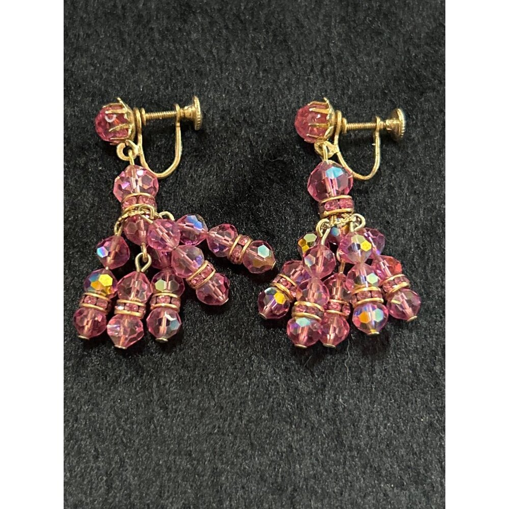 Vintage Gold Tone With Pink Crystal Beads Screw Back Dangle Earrings